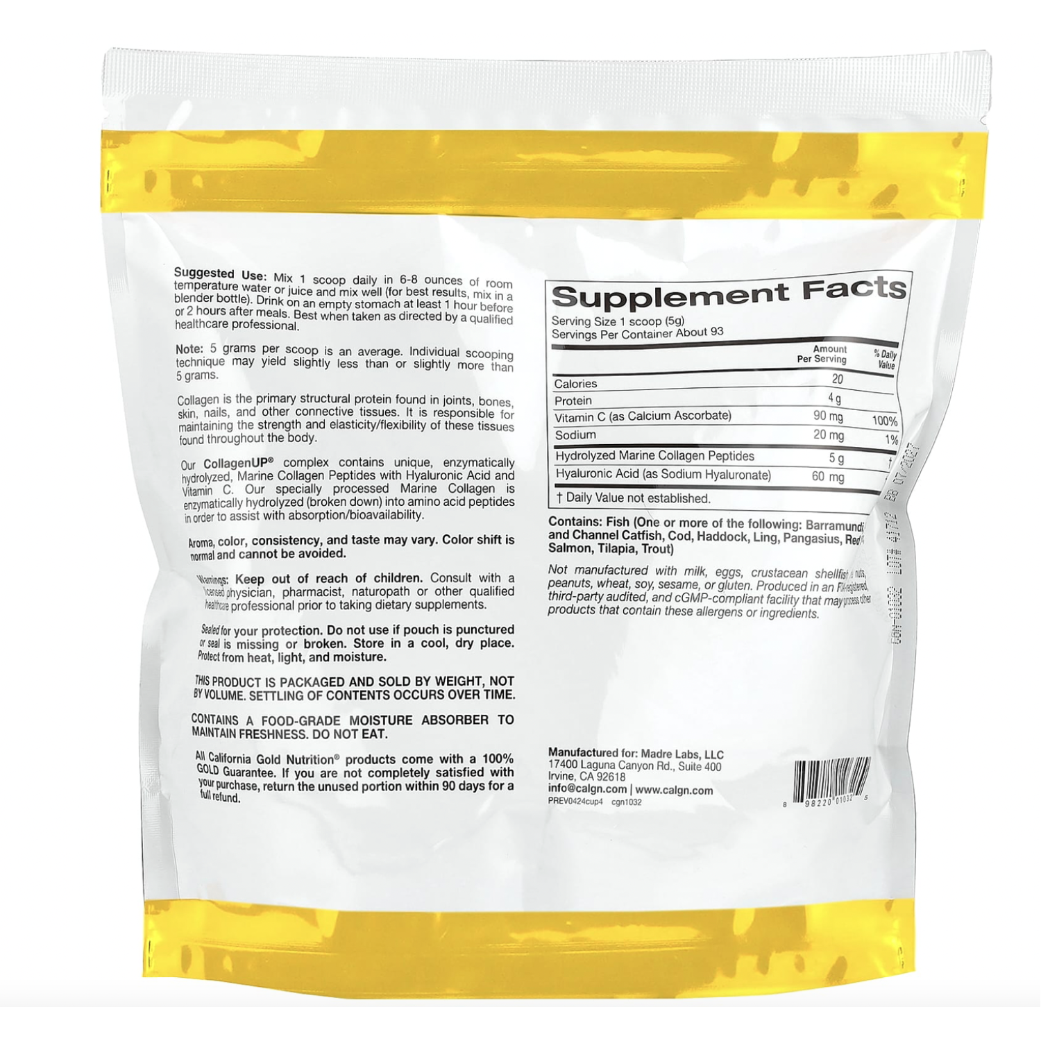 California Gold Nutrition, CollagenUP®, пептиди гідролізованого морського колагену з гіалуроновою кислотою та вітаміном C, без добавок, 464 г