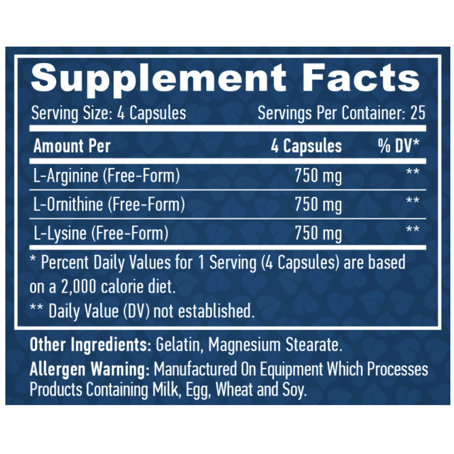 L-Arginine L-Ornitine L-Lysine 100 caps Haya Labs